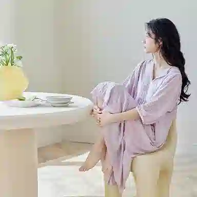 歌倩雅 植物花卉刺绣拼接蕾丝边舒适凉感短袖睡裙 女款 紫色