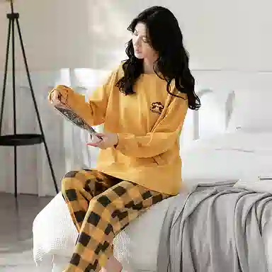 歌倩雅 可外穿韩版可爱休闲长袖长裤睡衣套装 女款 黄色