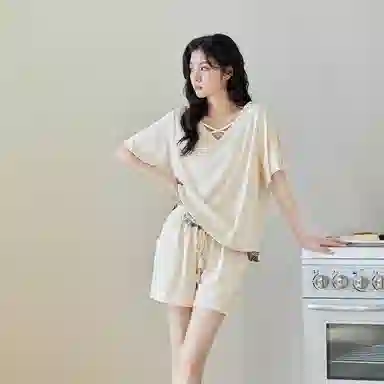 歌倩雅 薄款短袖短裤时尚可外穿睡衣套装 女款 米白色