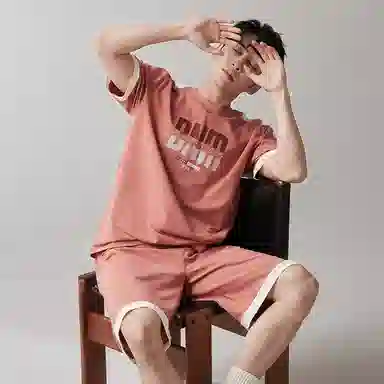 歌倩雅 休闲圆领短袖上衣松紧腰短裤睡衣套装 男款 粉色