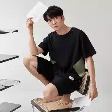 歌倩雅 宽松圆领套头短袖睡衣套装 男款 黑色