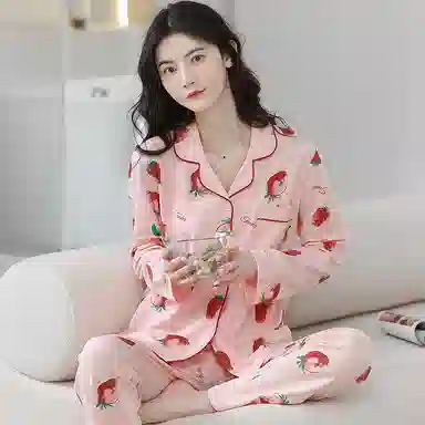 歌倩雅 简约亲肤舒适满印翻领开衫长袖甜美可外穿长裤睡衣套装 女款 粉红色