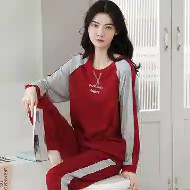 歌倩雅 圆领套头长袖长裤可外穿睡衣套装 女款 红色