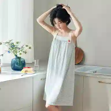 歌倩雅 吊带薄款清新甜美格子吊带睡裙 女款 浅蓝色