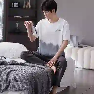 歌倩雅 撞色字母印花圆领上衣纯色透气裤子睡衣套装 男款 白色