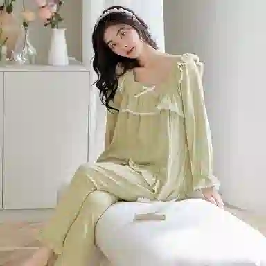 歌倩雅 纯色休闲翻领长袖上衣松紧腰长裤睡衣套装 女款 浅绿