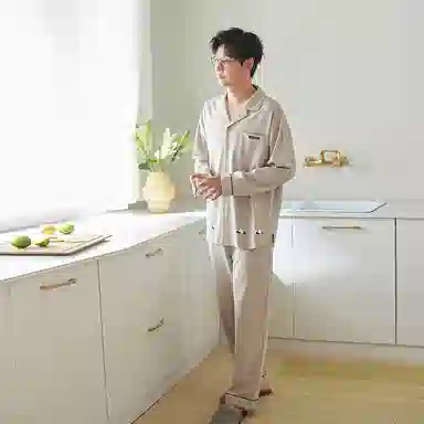 歌倩雅 熊猫印花贴袋古巴领长袖长裤可外穿睡衣套装 男款