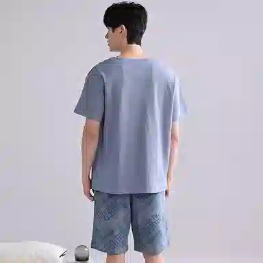 歌倩雅 舒适透气简约短袖五分裤睡衣套装 男款 蓝色
