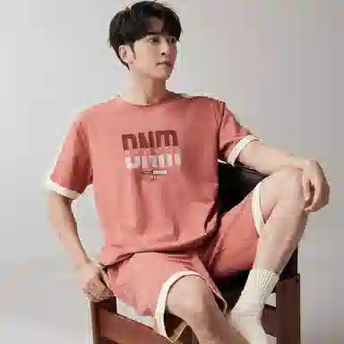 歌倩雅 休闲圆领短袖上衣松紧腰短裤睡衣套装 男款 粉色
