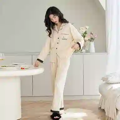 歌倩雅 时尚长袖翻领上衣纯色长裤睡衣套装 女款 米色