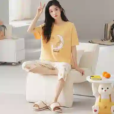 歌倩雅 舒适亲肤休闲简约短袖七分裤睡衣套装 女款 黄色