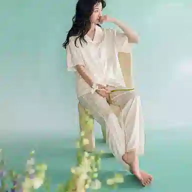 歌倩雅 纯色翻领短袖松紧腰长裤时尚高级感睡衣套装 女款 杏色