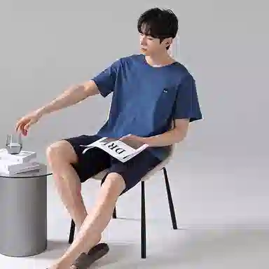 歌倩雅 简约亲肤舒适圆领套头短袖休闲可外穿五分裤睡衣套装 男款 深蓝色