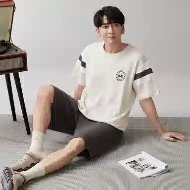 歌倩雅 字母圆领可外穿短袖上衣松紧腰短裤睡衣套装 男款 杏色