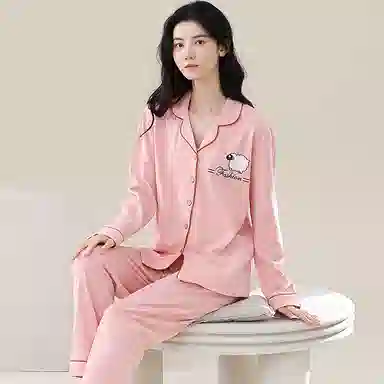 歌倩雅 开衫翻领纯色舒适长袖长裤睡衣套装 女款 粉色