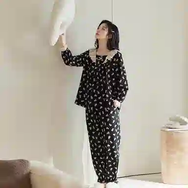 歌倩雅 卡通翻领长袖上衣直筒印花长裤睡衣套装 女款 黑色