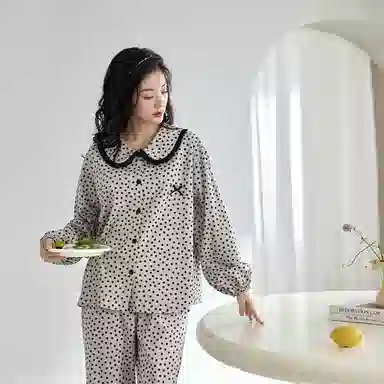 歌倩雅 碎花翻领设计气质时尚长袖上衣长裤睡衣套装 女款 浅灰