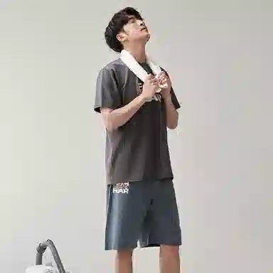 歌倩雅 字母印花圆领套头短袖上衣松紧腰短裤睡衣套装 男款 灰色