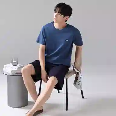 歌倩雅 简约亲肤舒适圆领套头短袖休闲可外穿五分裤睡衣套装 男款 深蓝色