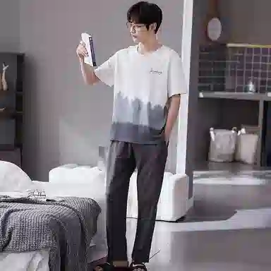 歌倩雅 撞色字母印花圆领上衣纯色透气裤子睡衣套装 男款 白色