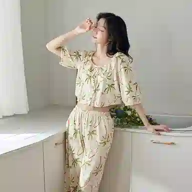 歌倩雅 甜美时尚圆领短袖上衣松紧腰长裤睡衣套装 女款 杏色