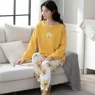 歌倩雅 简约亲肤舒适圆领套头长袖韩版甜美可外穿长裤睡衣套装 女 图片色