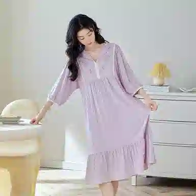 歌倩雅 植物花卉刺绣拼接蕾丝边舒适凉感短袖睡裙 女款 紫色