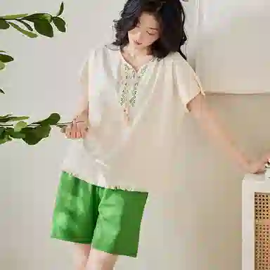 歌倩雅 休闲舒适短袖亲肤简约短裤睡衣套装 女款 图色