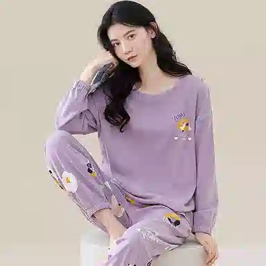 歌倩雅 纯棉长袖休闲宽松大码春秋季睡衣套装 女 图片色