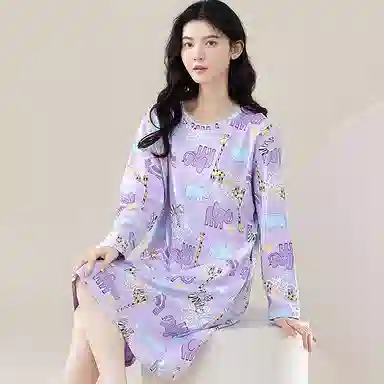 歌倩雅 长袖中长款套头卡通睡裙 女款 图片色