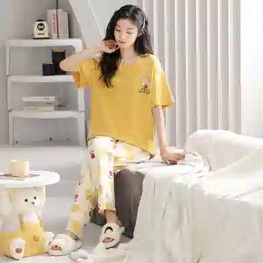 歌倩雅 舒适休闲简约短袖长裤睡衣套装 女款 黄色