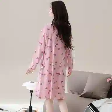 歌倩雅 食物图案满印圆领亲肤透气长袖睡裙 女款 粉色