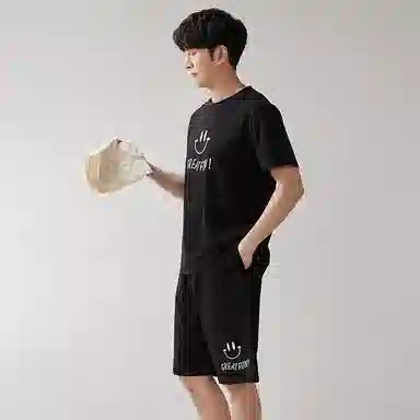 歌倩雅 圆领套头印花短袖上衣松紧腰短裤睡衣套装 男款 黑色