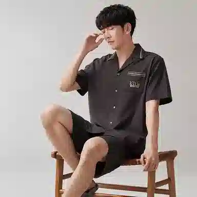 歌倩雅 纯色翻领短袖上衣松紧腰短裤简约睡衣套装 男款 深灰色