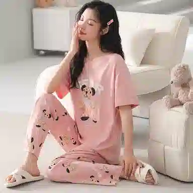 歌倩雅 甜美休闲舒适短袖长裤睡衣套装 女款 粉色