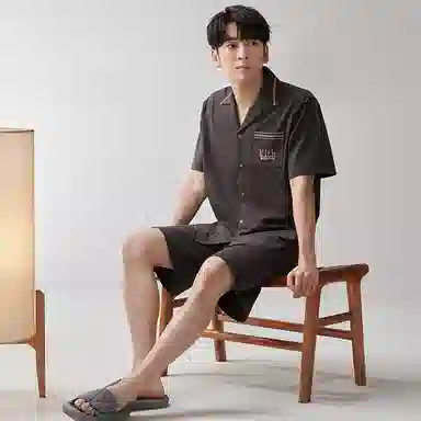 歌倩雅 纯色翻领短袖上衣松紧腰短裤简约睡衣套装 男款 深灰色