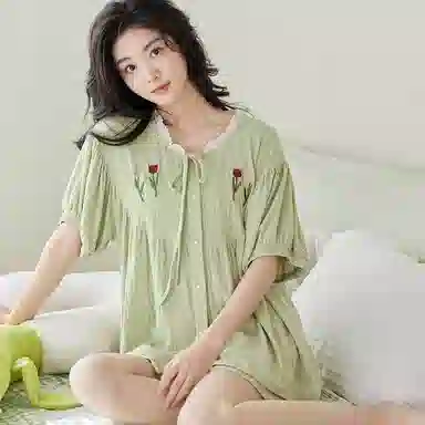 歌倩雅 简约亲肤舒适小清新短袖休闲可外穿短裤睡衣套装 女款 浅绿色