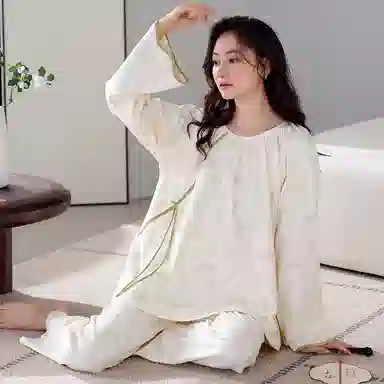 歌倩雅 柔软舒适细腻亲肤中式盘扣长袖长裤秋冬季睡衣套装 女款 白色