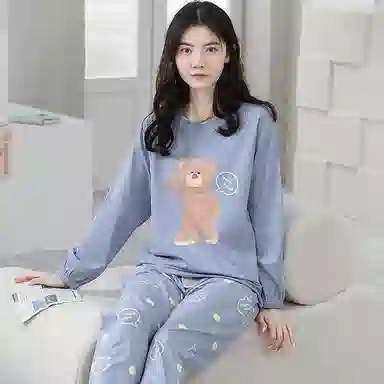 歌倩雅 纯棉长袖可爱小熊简约舒适睡衣套装 女款 图色
