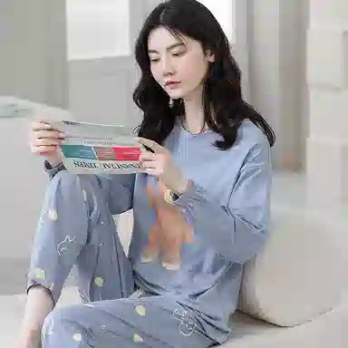 歌倩雅 纯棉长袖可爱小熊简约舒适睡衣套装 女款 图色