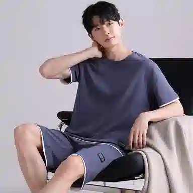 歌倩雅 圆领套头短袖大码五分裤睡衣套装 男款 藏青色