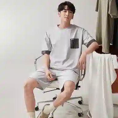 歌倩雅 简约套头可外穿短袖上衣松紧腰短裤睡衣套装 男款 银灰