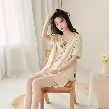 歌倩雅 凉感型圆领短袖松紧腰短裤睡衣套装 女款 杏色