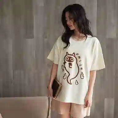 歌倩雅 短袖薄款可外穿圆领睡衣套装 女款 米白色