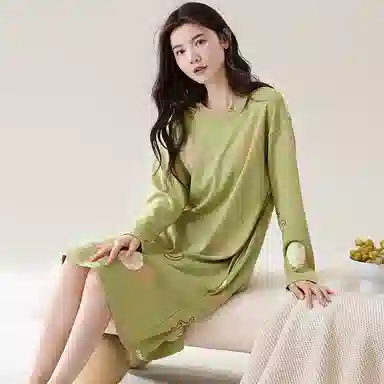 歌倩雅 纯棉长袖中长款睡裙 女款 绿色