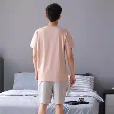 歌倩雅 字母印花圆领套头短袖上衣松紧腰五分裤可外穿舒适亲肤睡衣套装 男款 浅粉色