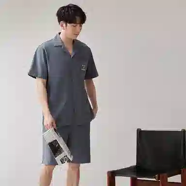 歌倩雅 纯色休闲短袖翻领上衣松紧腰短裤睡衣套装 男款 灰色