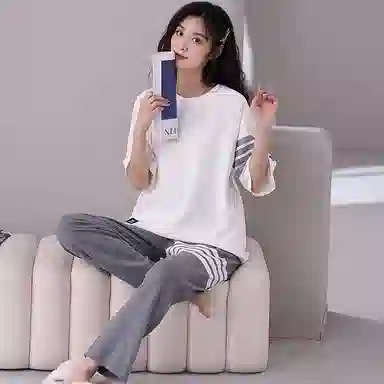 歌倩雅 休闲简约拼色圆领短袖上衣松紧腰长裤睡衣套装 女款 白色