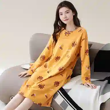 歌倩雅 纯棉长袖可外穿韩版中长款睡裙 女款 黄色