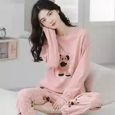 歌倩雅 长袖甜美可爱小熊长裤可外穿睡衣套装 女款 粉色